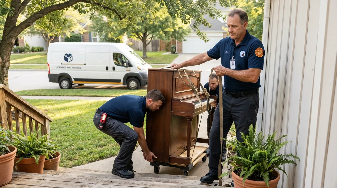 Licensed piano movers securing grand piano in Brownfield, TX