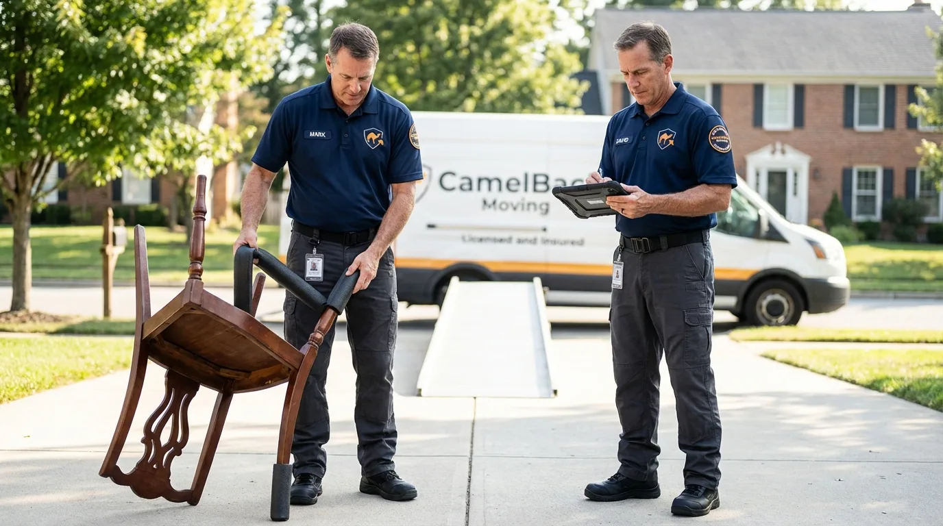 Movers inspecting furniture for damage prevention before loading in Brownfield, TX